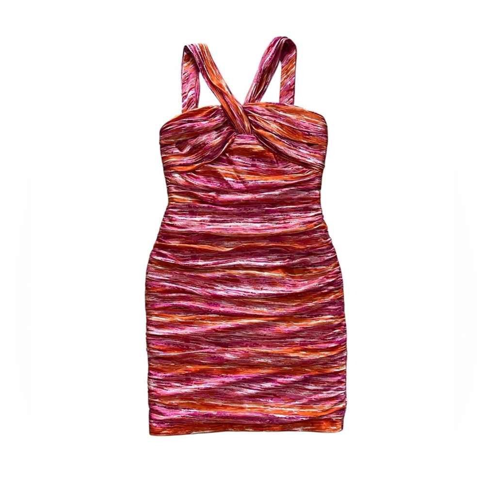 Carmen Marc Valvo 100% Silk Halter Ruched Dress SZ 10